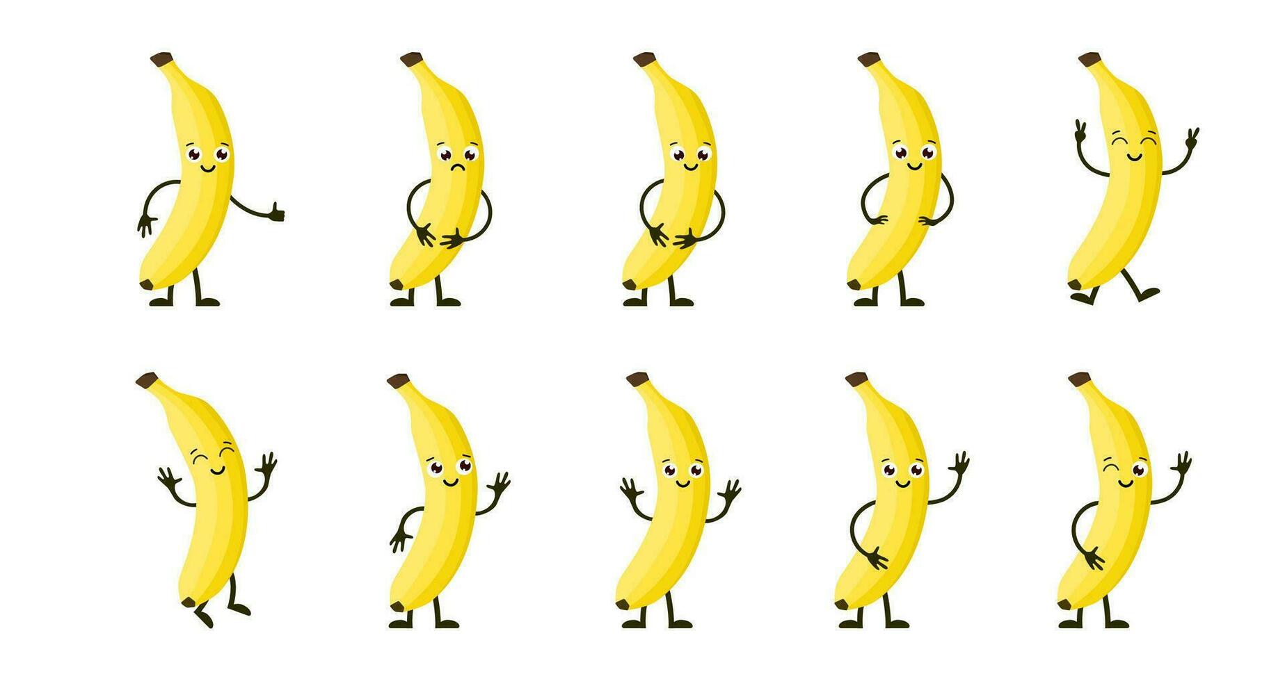 Cartoon funny fruits. Happy banana with face. Summer fruit banana characters isolated on white. Vector illustration in flat style