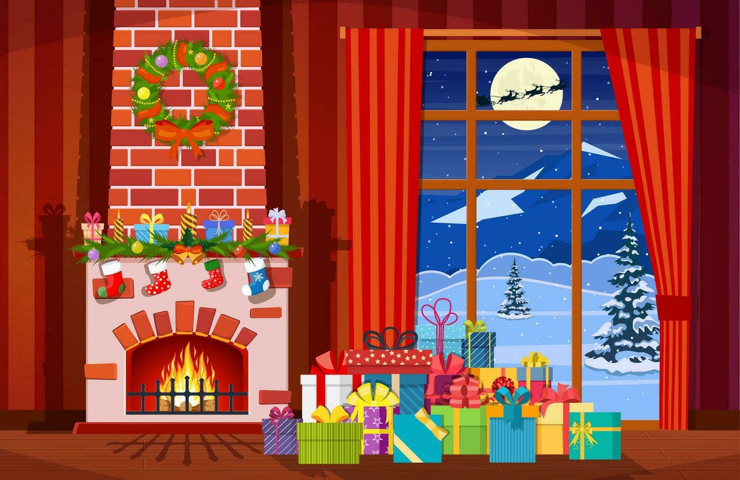 Christmas interior of room with window, gifts and decorated fireplace. Happy new year decoration. Merry christmas holiday. New year and xmas celebration. Vector illustration flat style