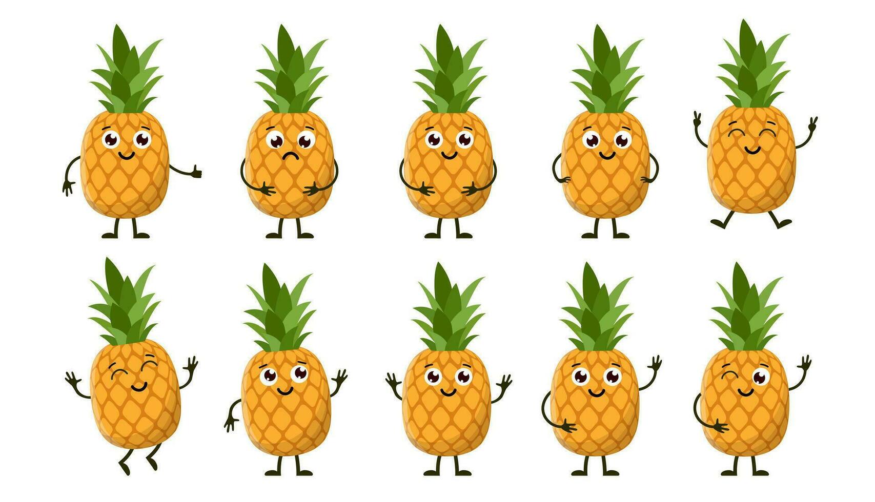 dibujos animados gracioso frutas contento piña con rostro. verano Fruta piña caracteres aislado en blanco. vector ilustración en plano estilo