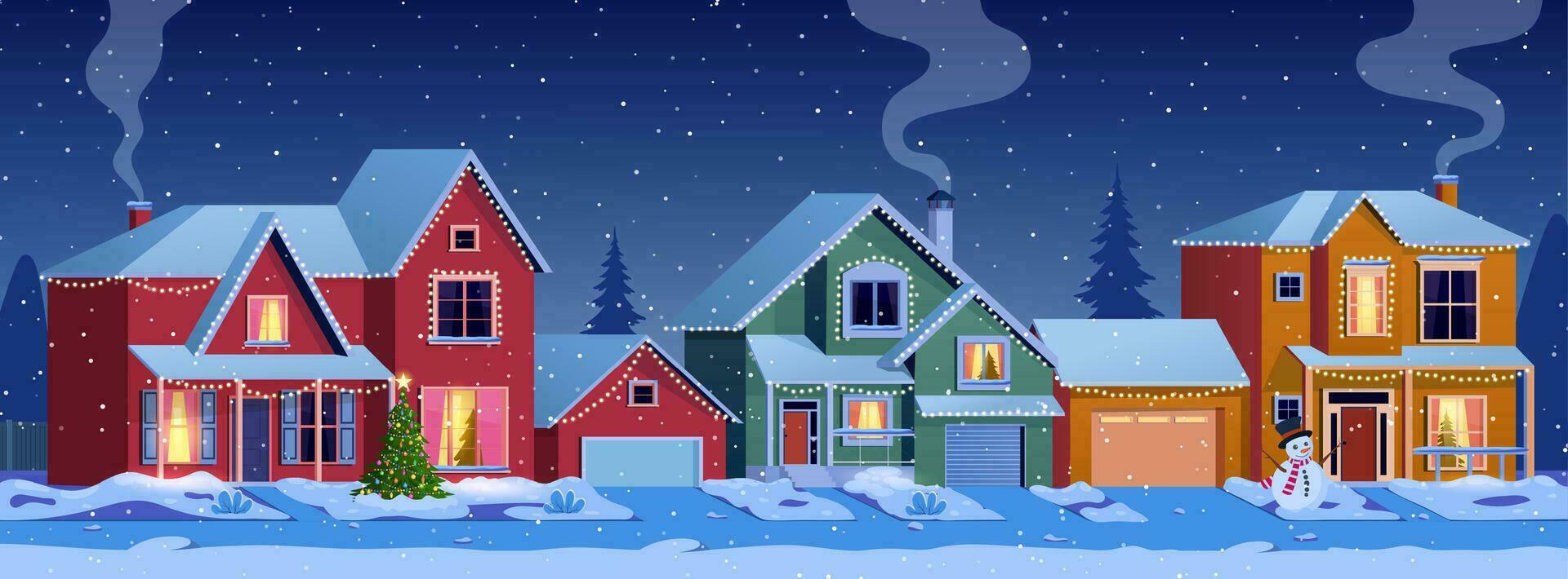 Residential houses with christmas decoration at night. cartoon winter landscape street with snow on roofs and holiday garlands, christmas tree, snowman. Vector illustration