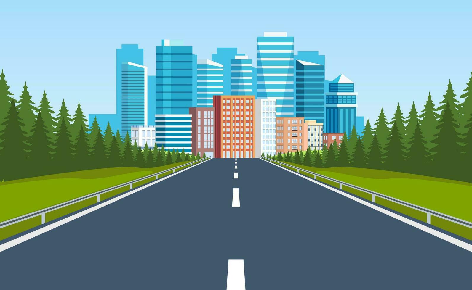 Road way to city buildings on horizon. highway cityscape, modern big skyscrapers town far away ahead, Vector illustration in flat style