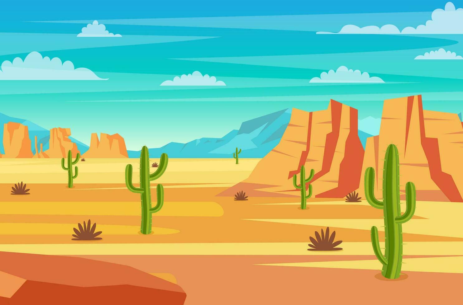 Desierto paisaje. cactus plantas y rocas en el playa. natural antecedentes. paisaje Arizona o mexico caliente arena. vector ilustración en plano estilo