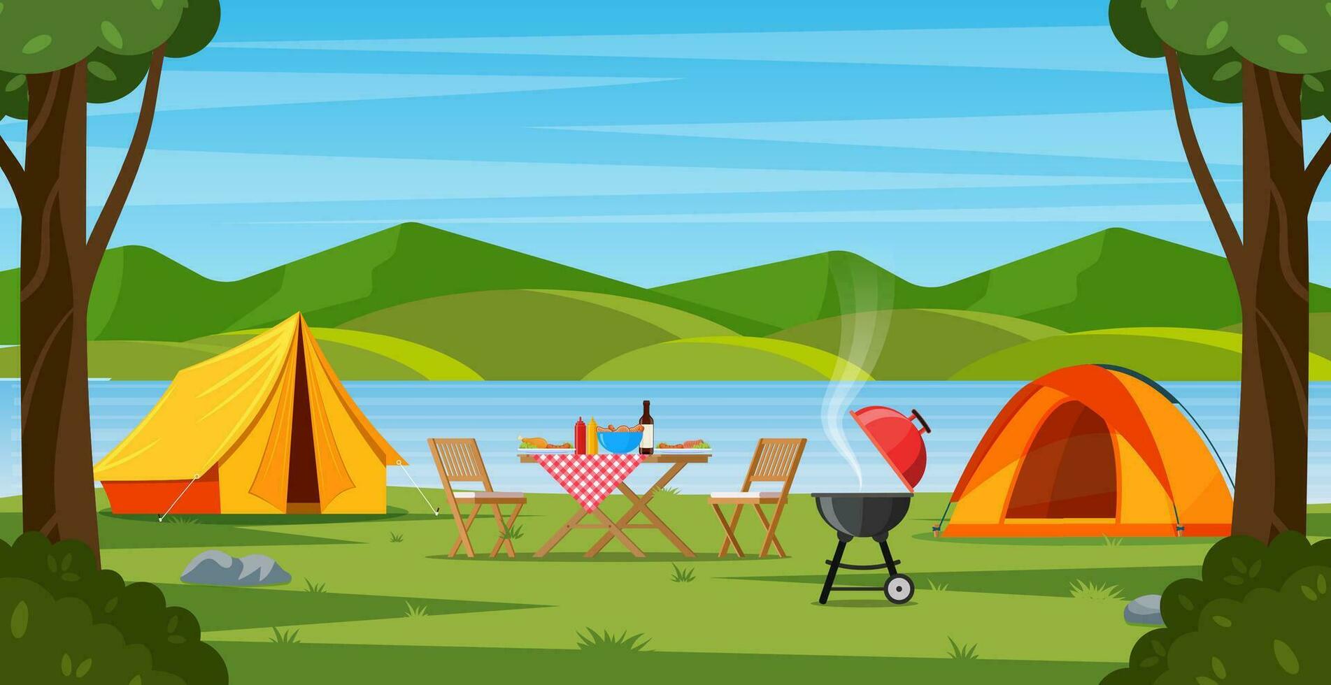 Camping tent near the lake and mountains. Summer or spring landscape. Cartoon tourist camp with picnic spot and tent among forest, mountain landscape. Vector illustration in flat style
