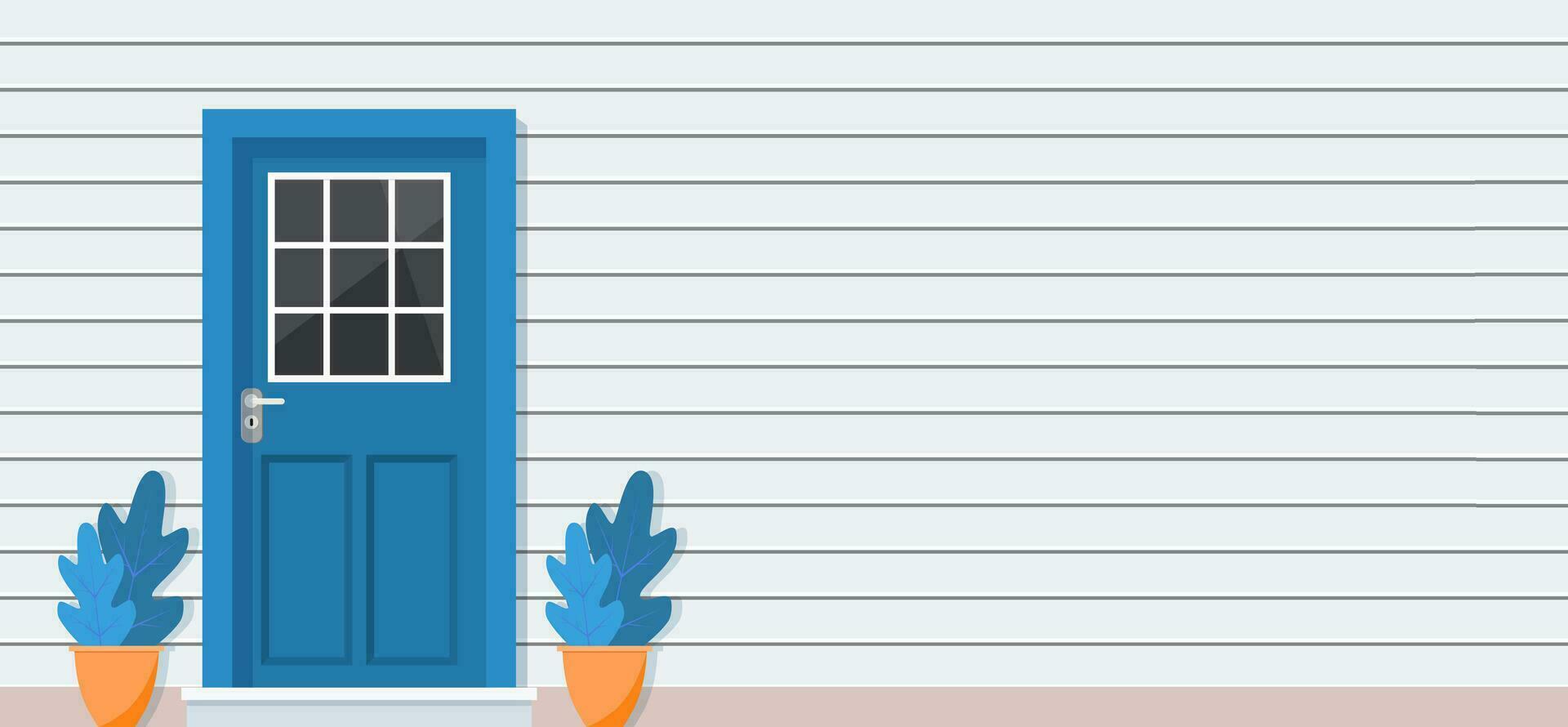 Wooden door of house front view, architecture background, building home real estate backdrop. Vector illustration in flat style