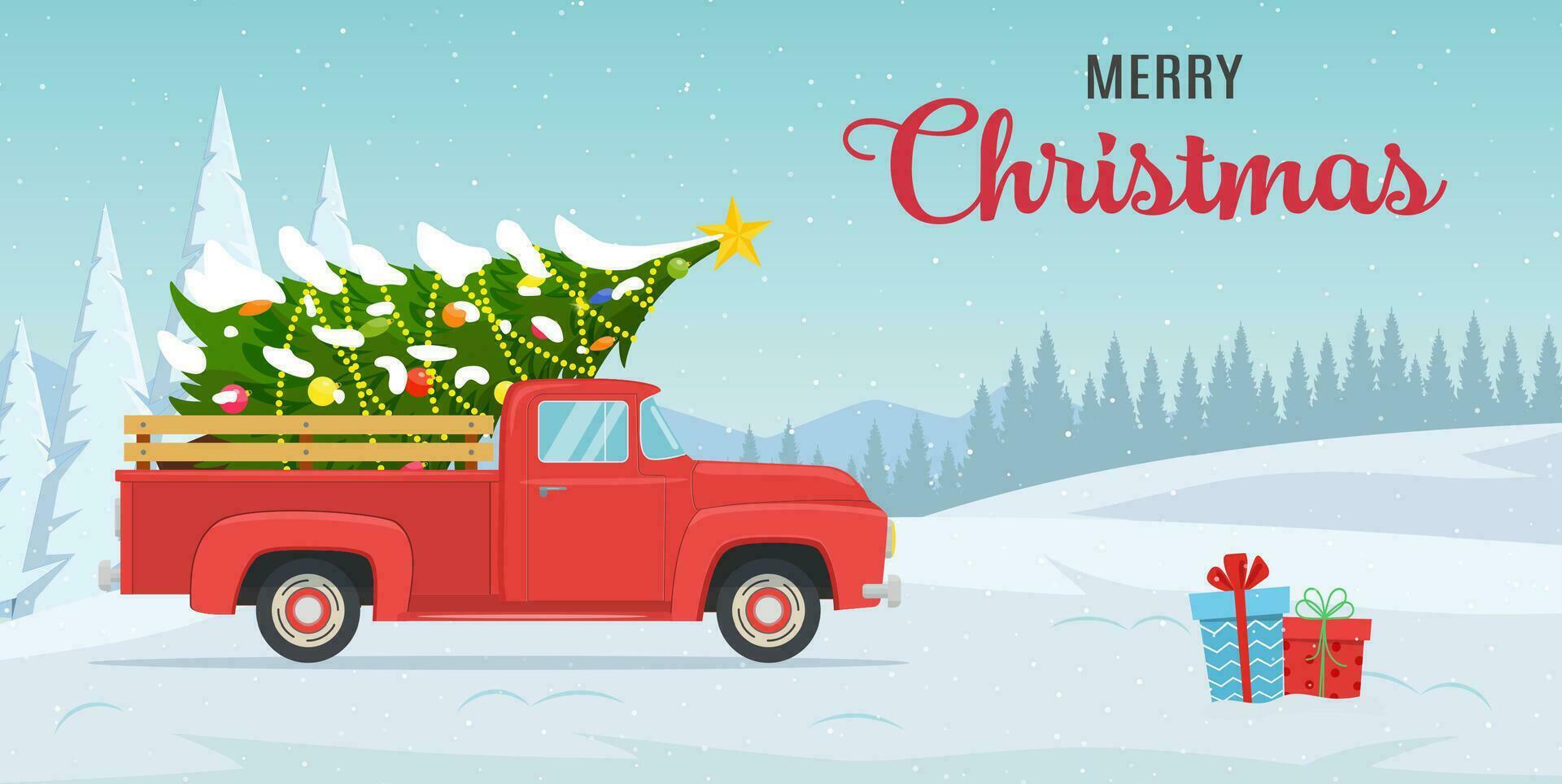 dibujos animados Navidad y nuevo año saludo tarjeta.navidad tarjeta o póster diseño con retro rojo recoger camión con Navidad árbol en tablero. vector ilustración en plano estilo