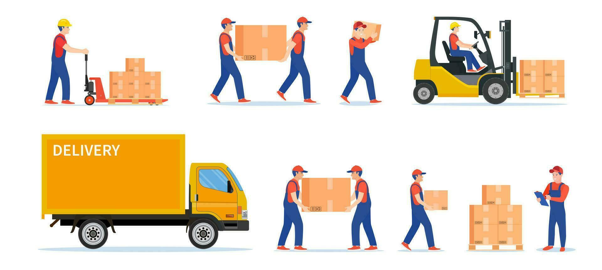 Warehouse workers with parcels boxes, delivery and shipping, workers carrying parcels, forklift truck loading or unloading to delivery car. Vector illustration in flat style