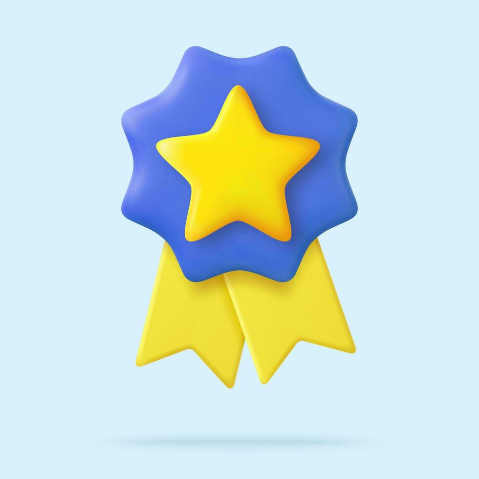 3d Winner medal with star and ribbon. Cartoon minimal style. Premium quality, quality guarantee symbol. 3d rendering Certificate Blank badge icon. Vector illustration