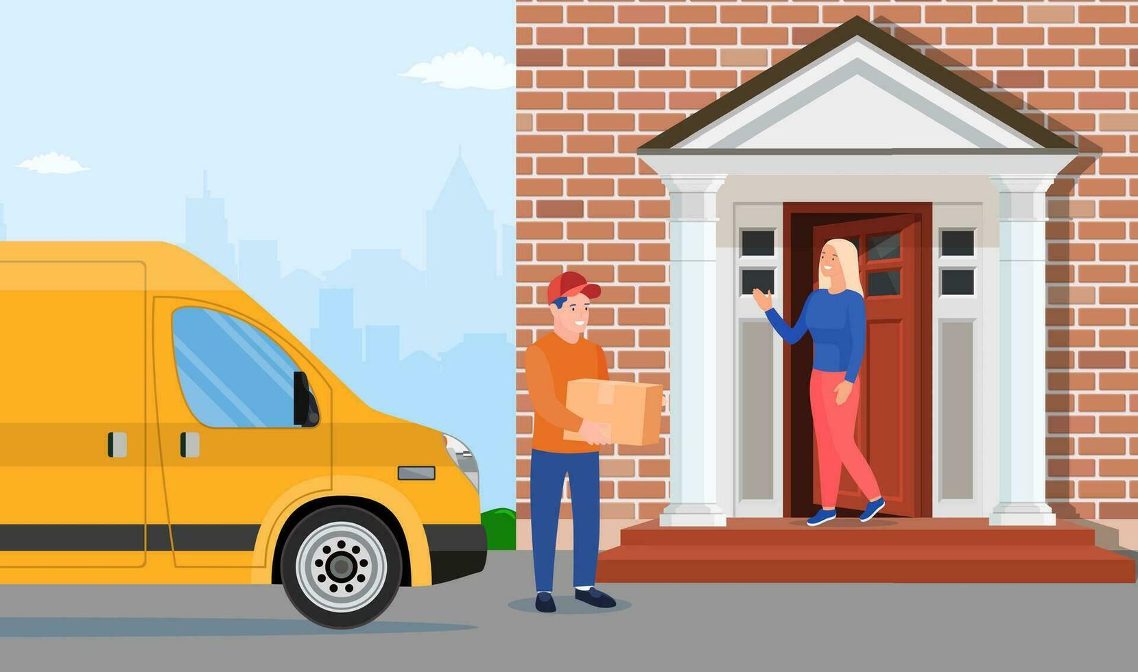 Man left cardboard boxes with goods near house facade. Courier character holds parcel. Carton delivery packaging closed box. Free and fast shipping. Vector illustration in flat style