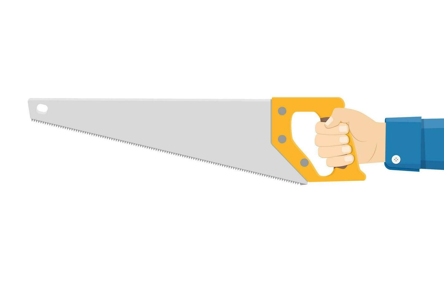 Man holding saw. Carpenter with saw in his hand. Carpentry work. vector illustration in flat design