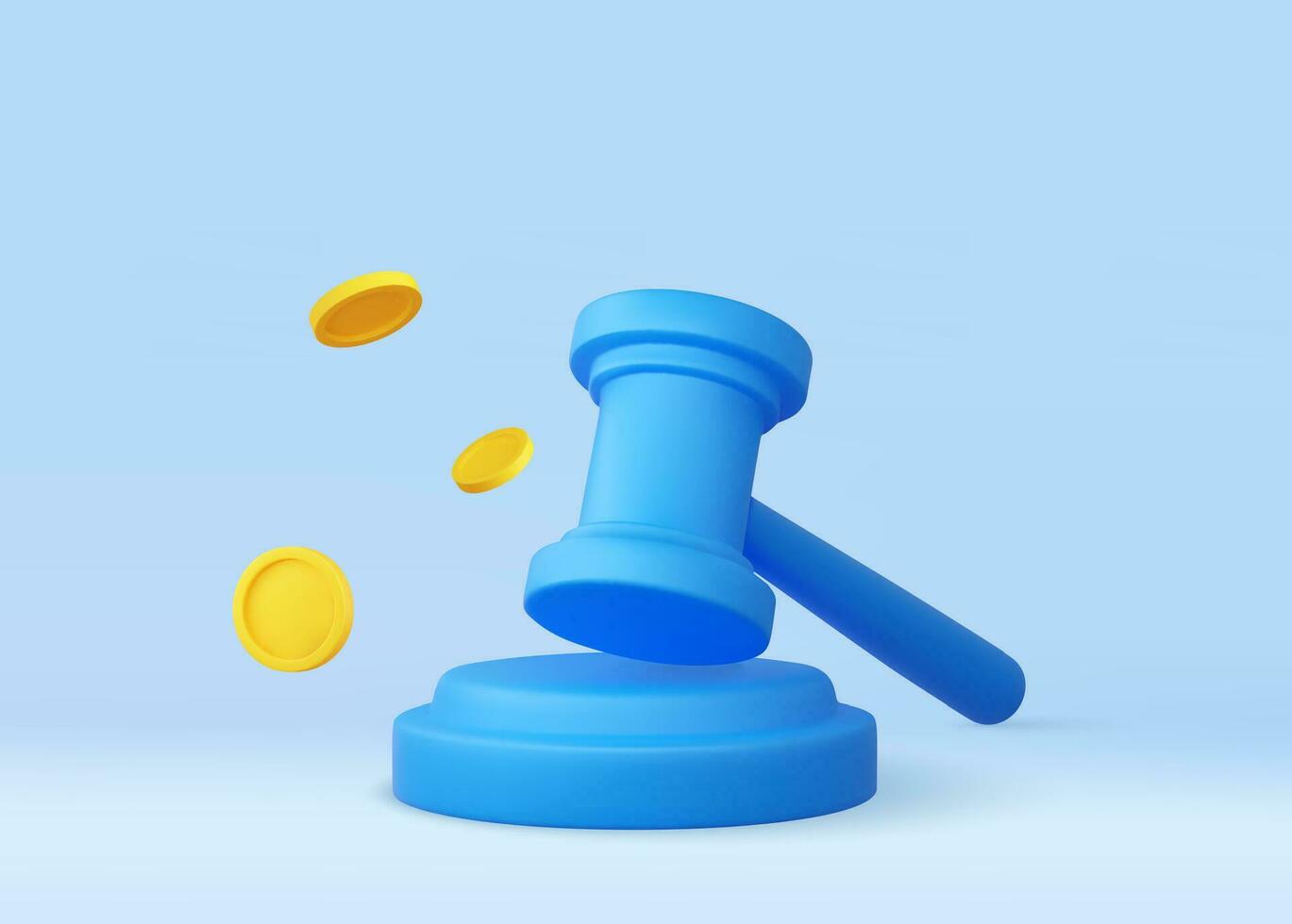 3d juez mazo con monedas concepto de ventas subasta Corte martillo oferta autoridad símbolo, 3d representación. vector ilustración