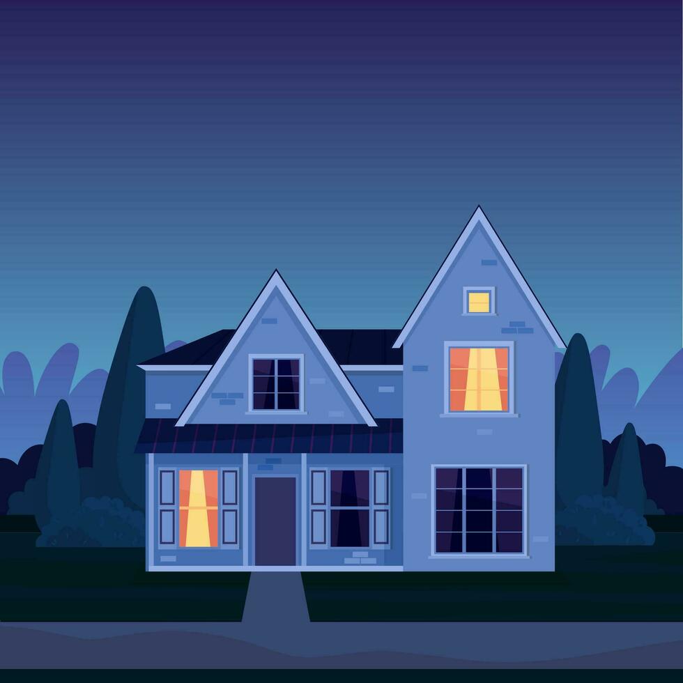 Street in suburb district with residential house at night. cartoon landscape with suburban cottage. City neighborhood with real estate property. Vector illustration in a flat style