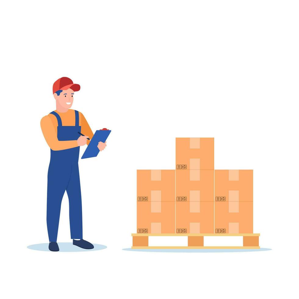 Warehouse worker checking goods on pallet stock. Warehouse inventory and delivery workers. Man operator maintains holding clipboard. Vector illustration in flat style