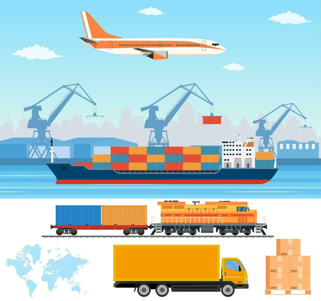 logística y transporte infografía elementos. transporte industria concepto. tren, carga Embarcacion y coche son que lleva bienes vector
