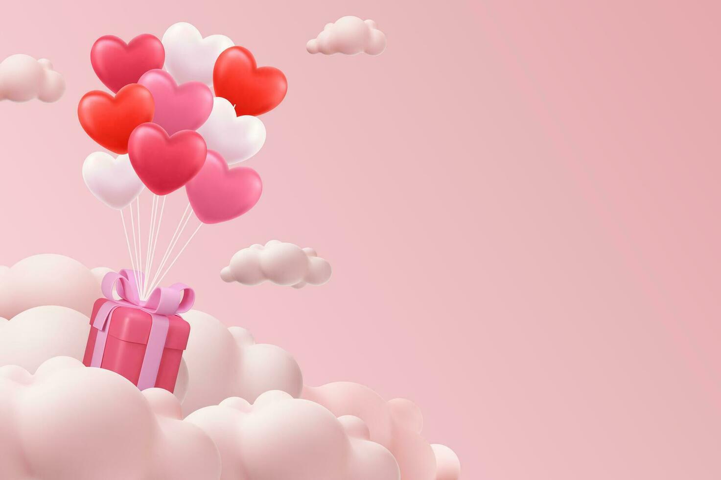 Valentine s day concept. 3D heart hot air flying with gift box on cloud background. Love concept for happy mother s day, valentine s day, birthday day. Vector illustration