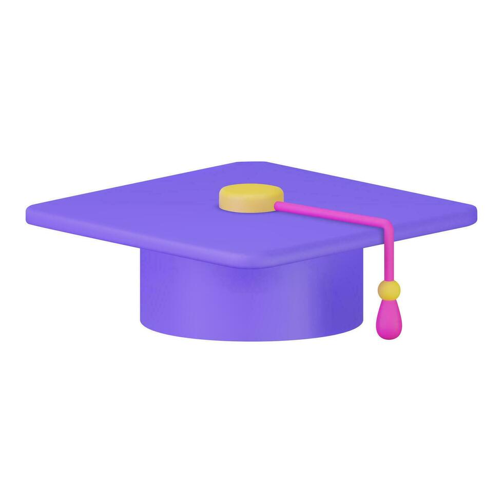 3d Graduation cap icon. High school college university complete. College cap, mortar board. Education, degree ceremony concept. 3d rendering. Vector illustration