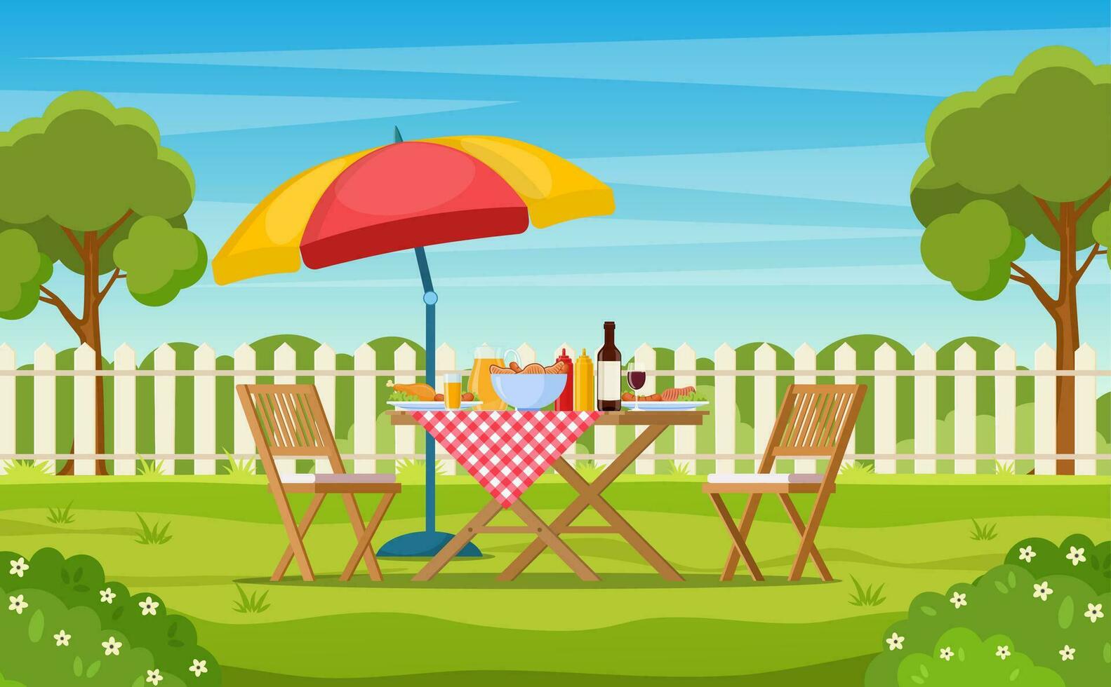Barbecue party in the backyard with fence, trees, bushes. picnic with barbecue on summer lawn in park or garden food on table, chairs and umbrella. vector illustration in flat design
