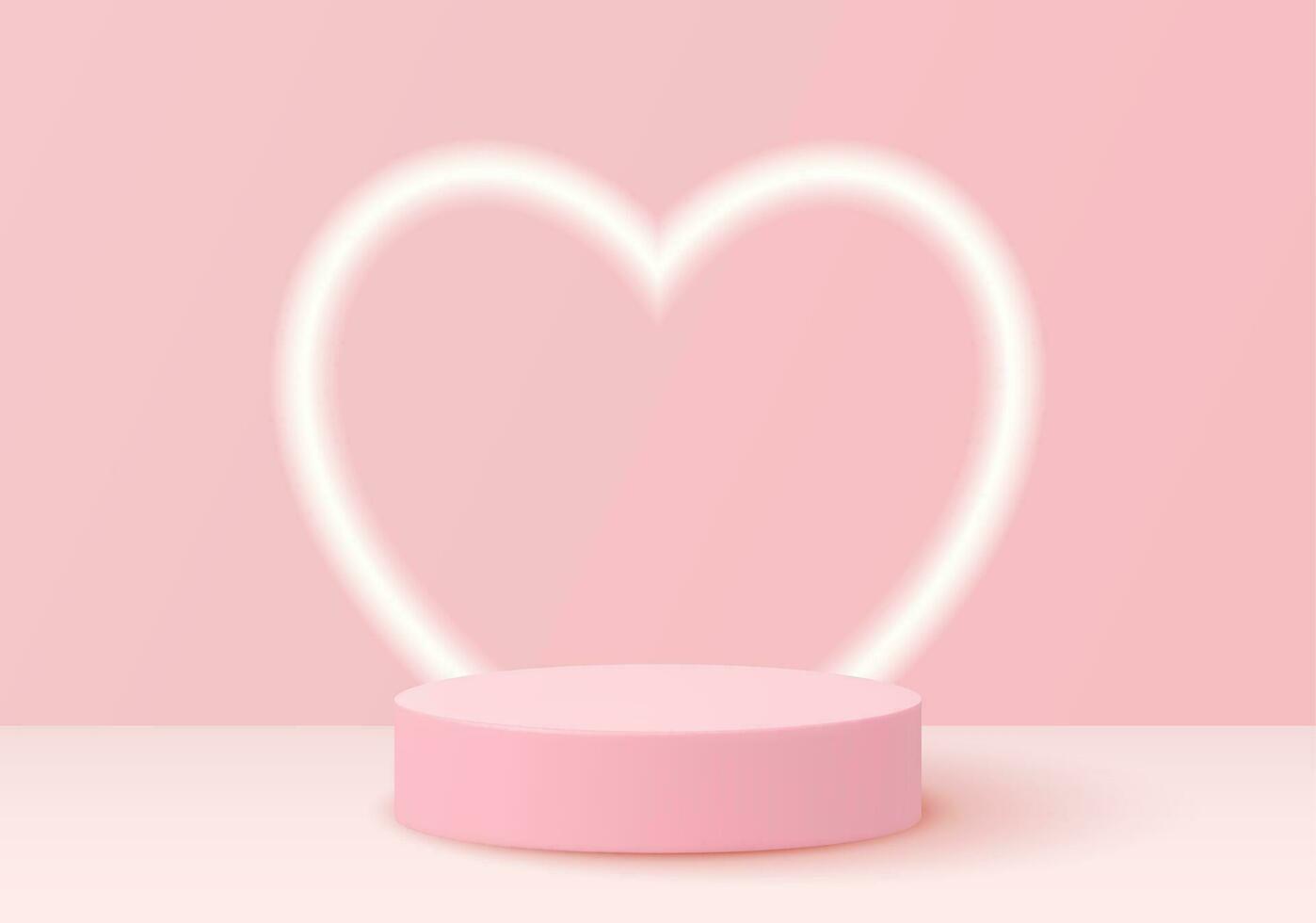 mock up Stage podium decorated with heart shape lighting. Pedestal scene with for product, advertising, show, on light pink background. Valentine concept. Vector illustration