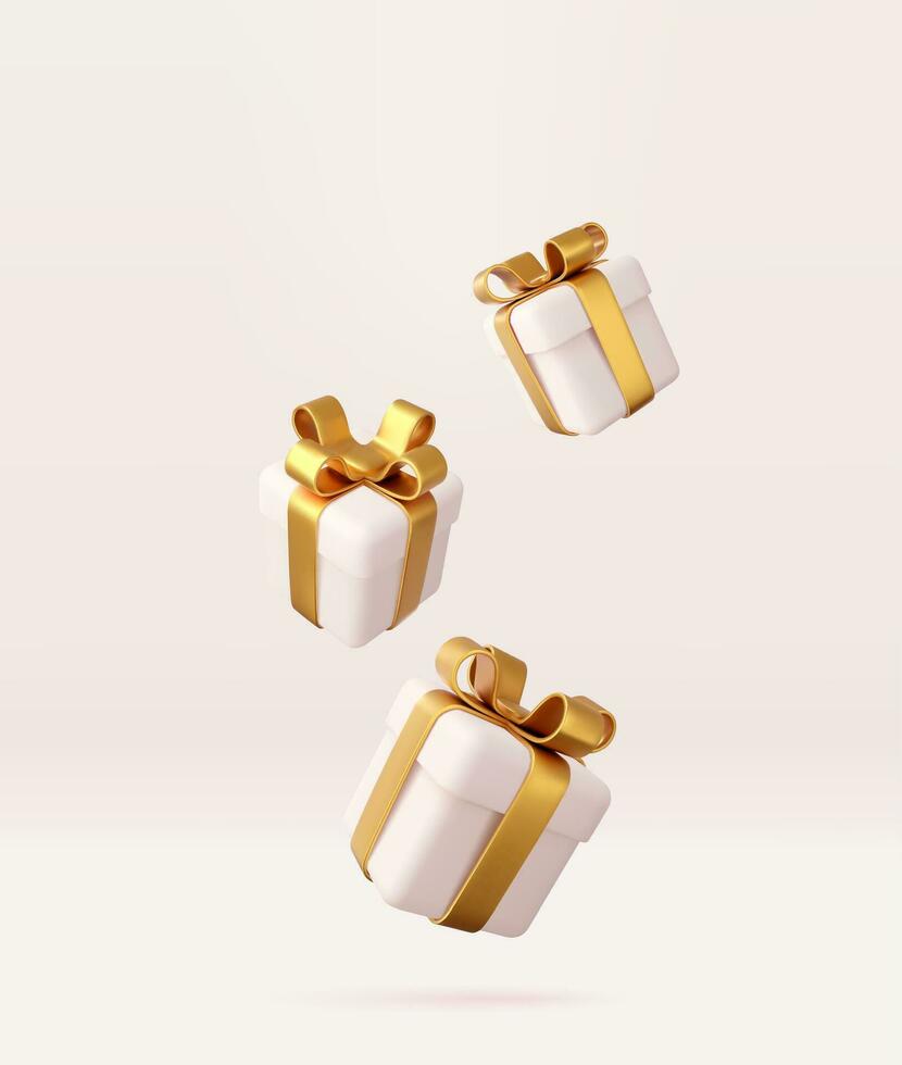 3d white gift boxes with golden ribbon and bow. Birthday celebration concept. Merry New Year and Merry Christmas white gift boxes with golden bows. 3d rendering. Vector illustration
