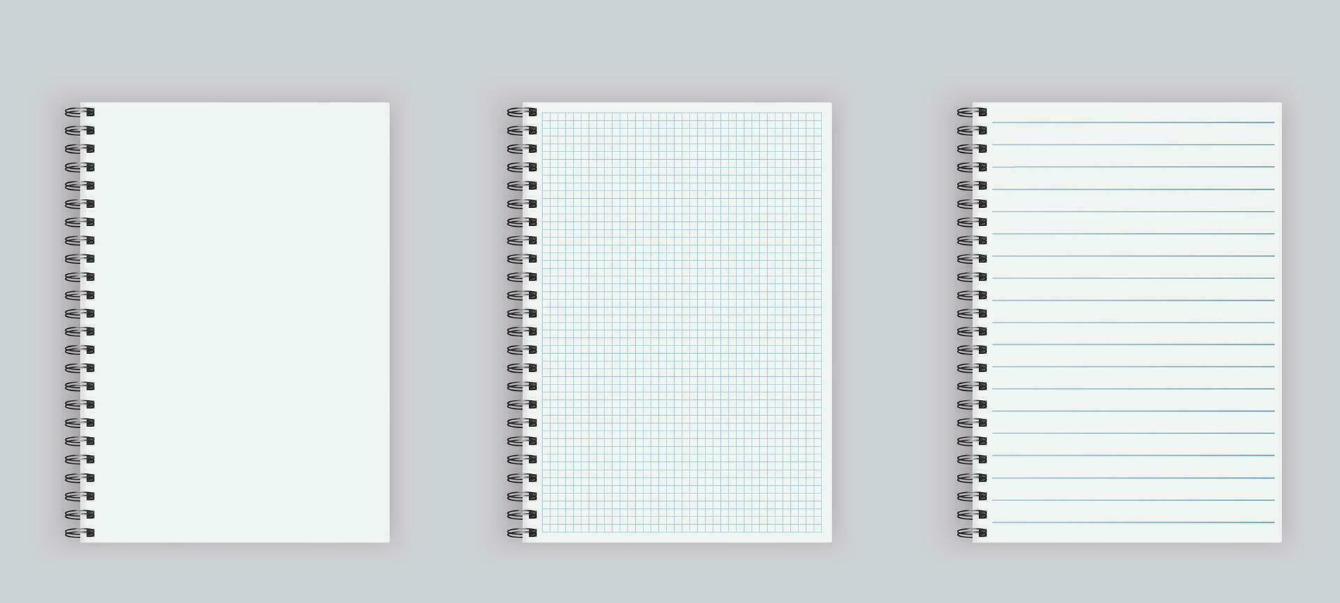 Realistic opened notebook mockups. set of blank spiral notepad notebook with lines and cell. School notepad notebook. vector illustration.