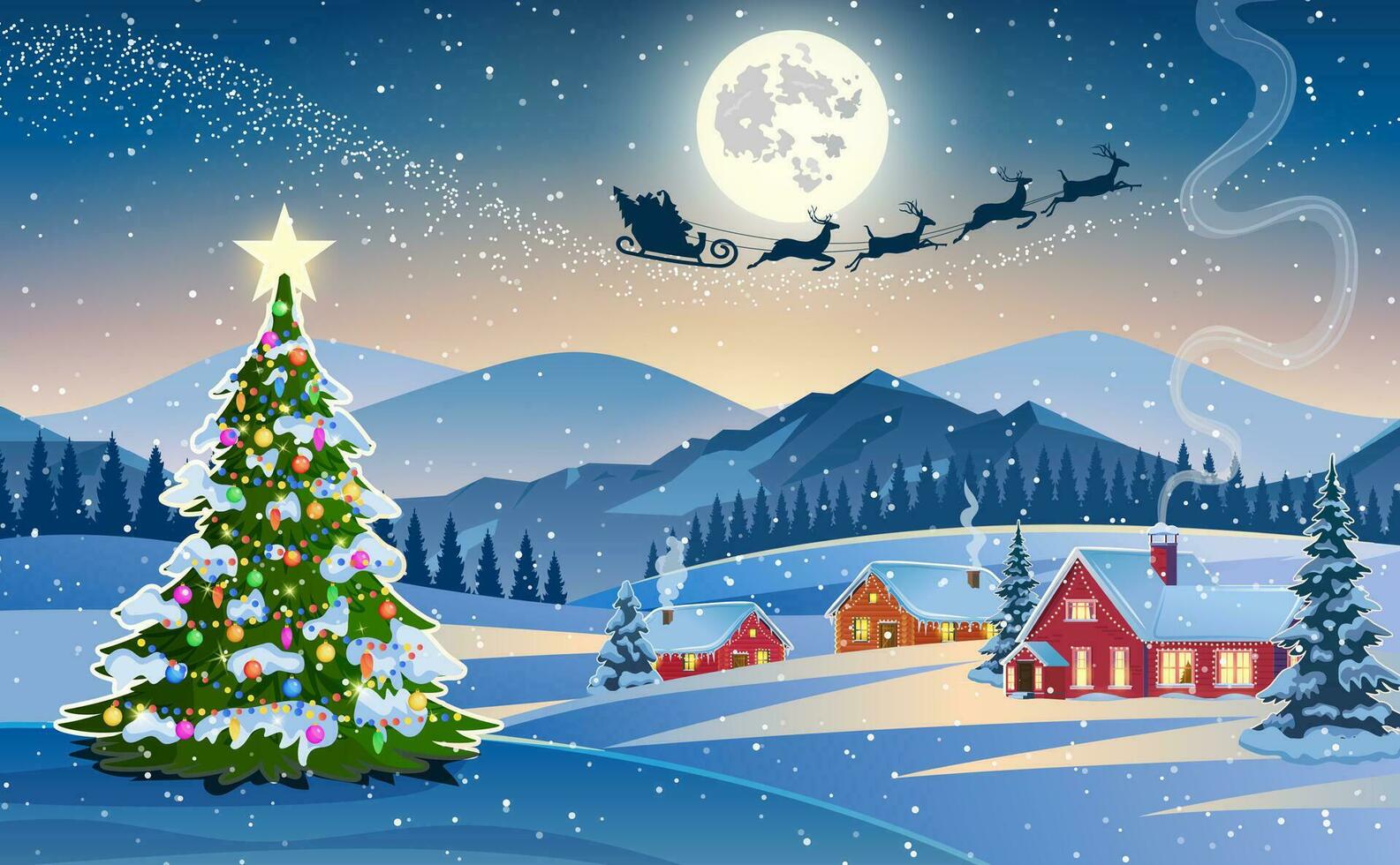 Winter snow landscape and houses with christmas tree. concept for greeting or postal card. background with moon and the silhouette of Santa Claus flying on a sleigh. vector illustration.