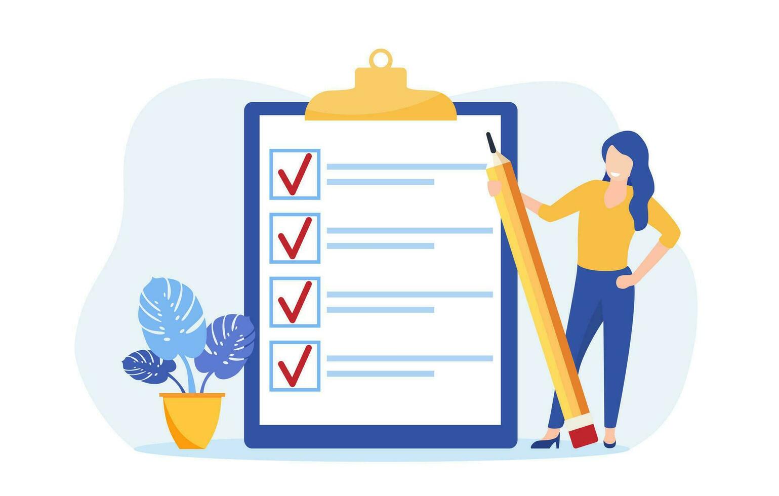 Positive business woman with a giant pencil on his shoulder nearby marked checklist on a clipboard paper. Task done business concept. Vector illustration in flat style