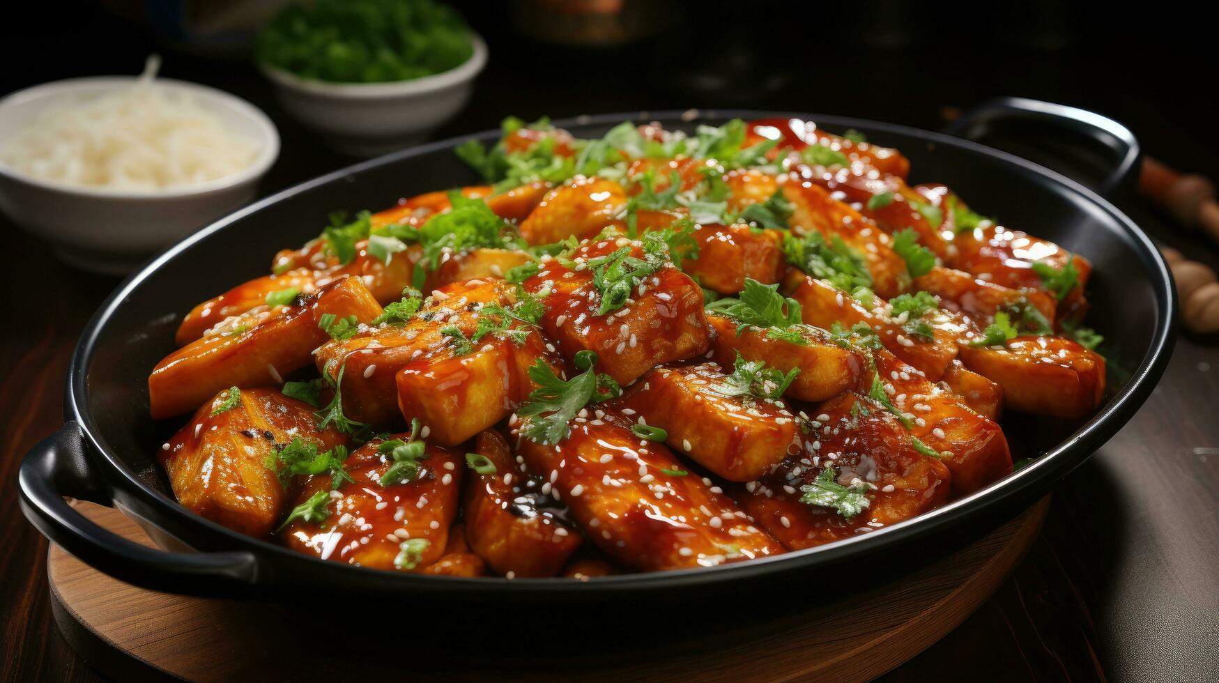 AI generated Delicious food in a Korean restaurant illustration of Tteokbokki or Korean spicy AI generated image photo