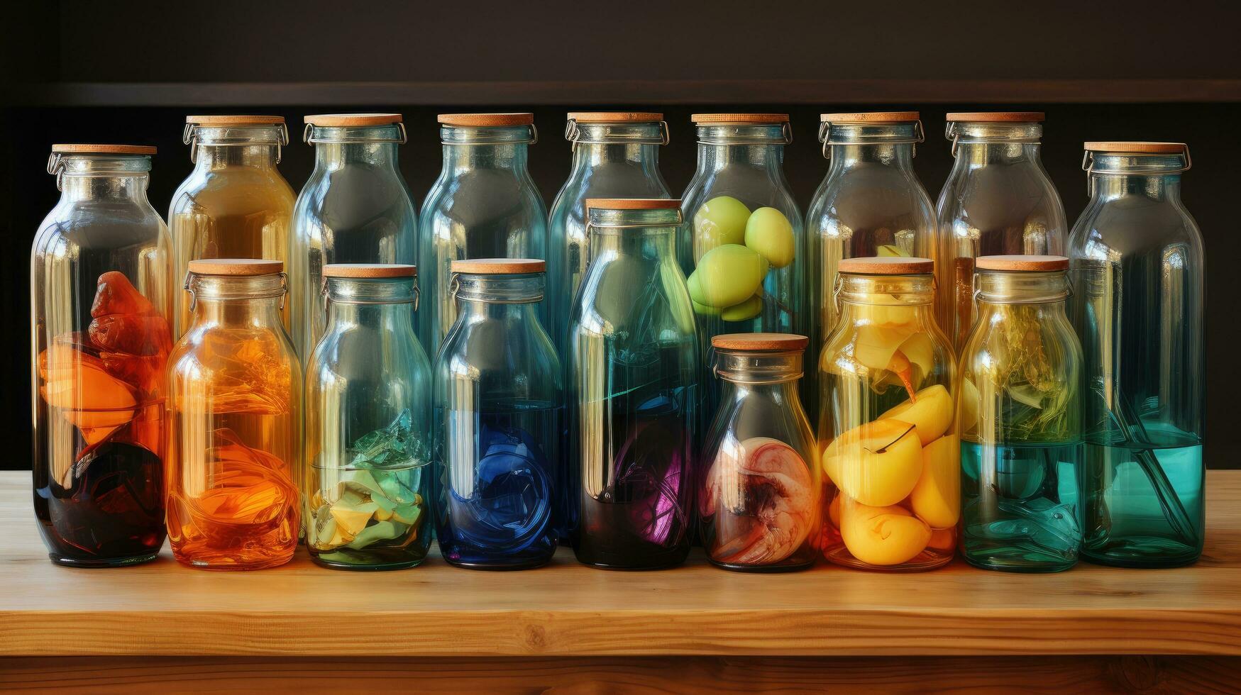 AI generated Many colorful colored glass jars with ingredients AI generated image photo