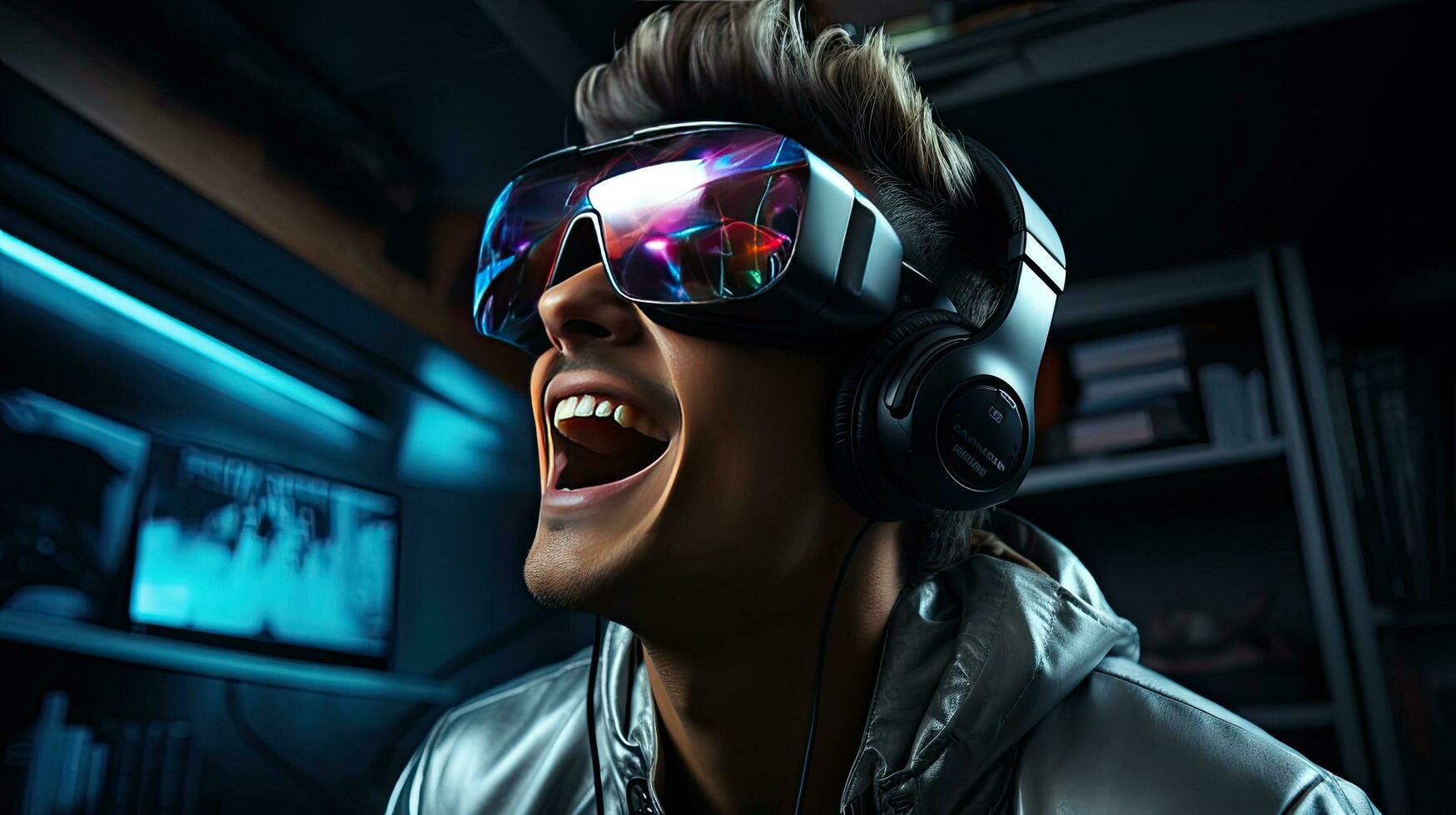 AI generated Male gamer plays a computer game wearing virtual reality glasses AI generated image photo