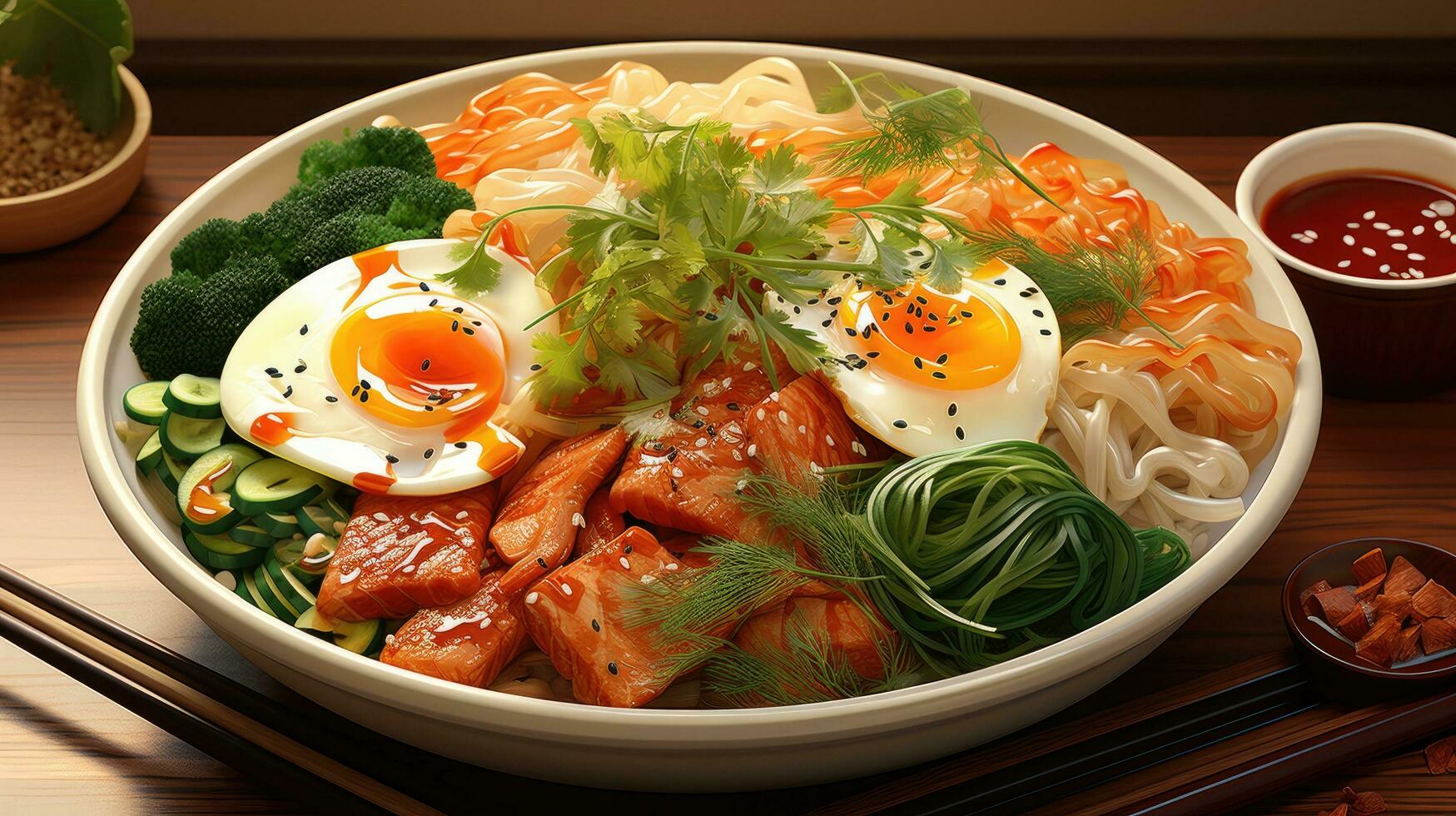 AI generated Naengmyeon Korean Cold Noodles in the plate AI generated image photo