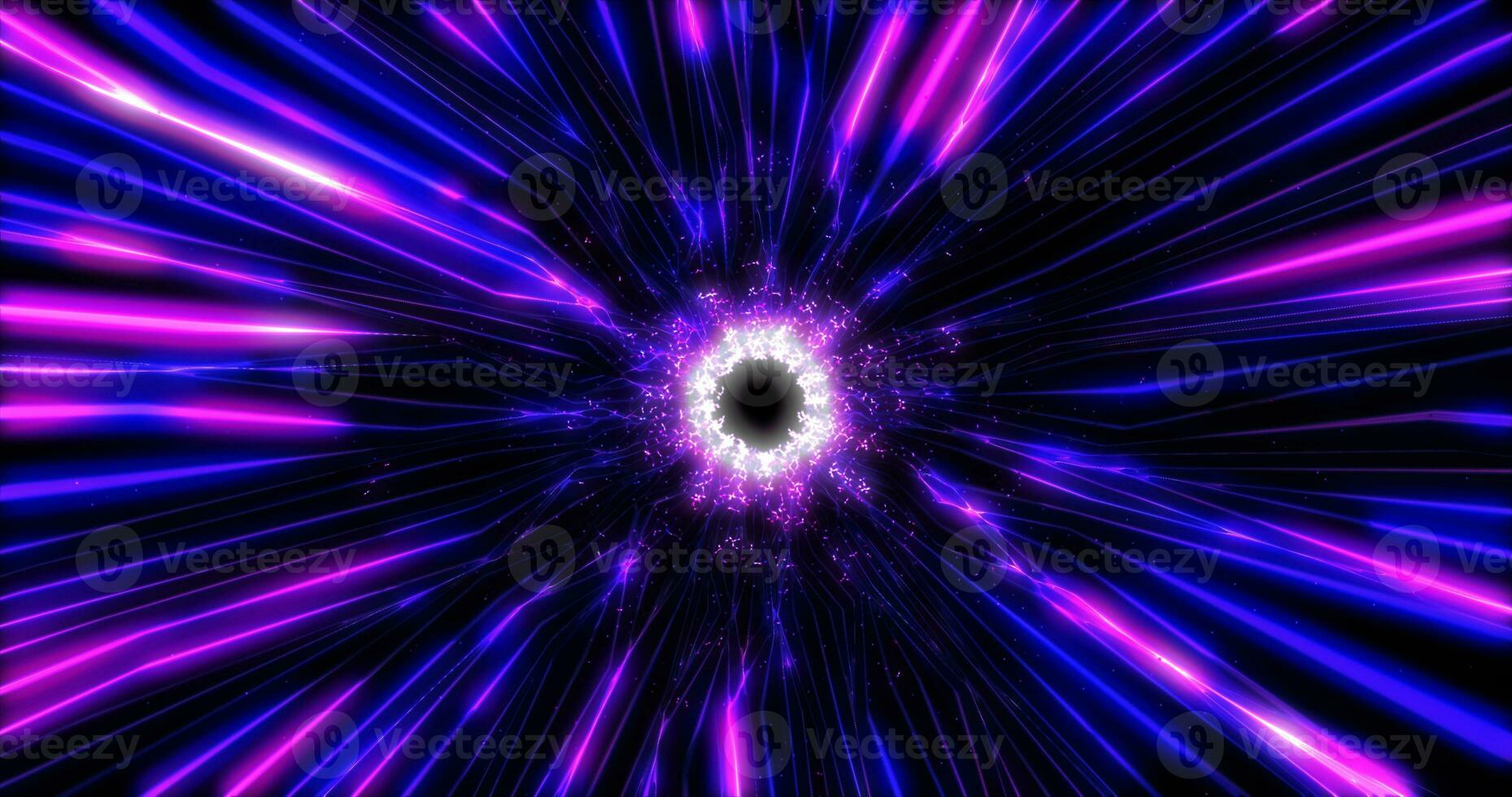 Beautiful abstract purple tunnel made of futuristic digital stripes and lines glowing with bright magic energy on a black space background. Abstract background photo