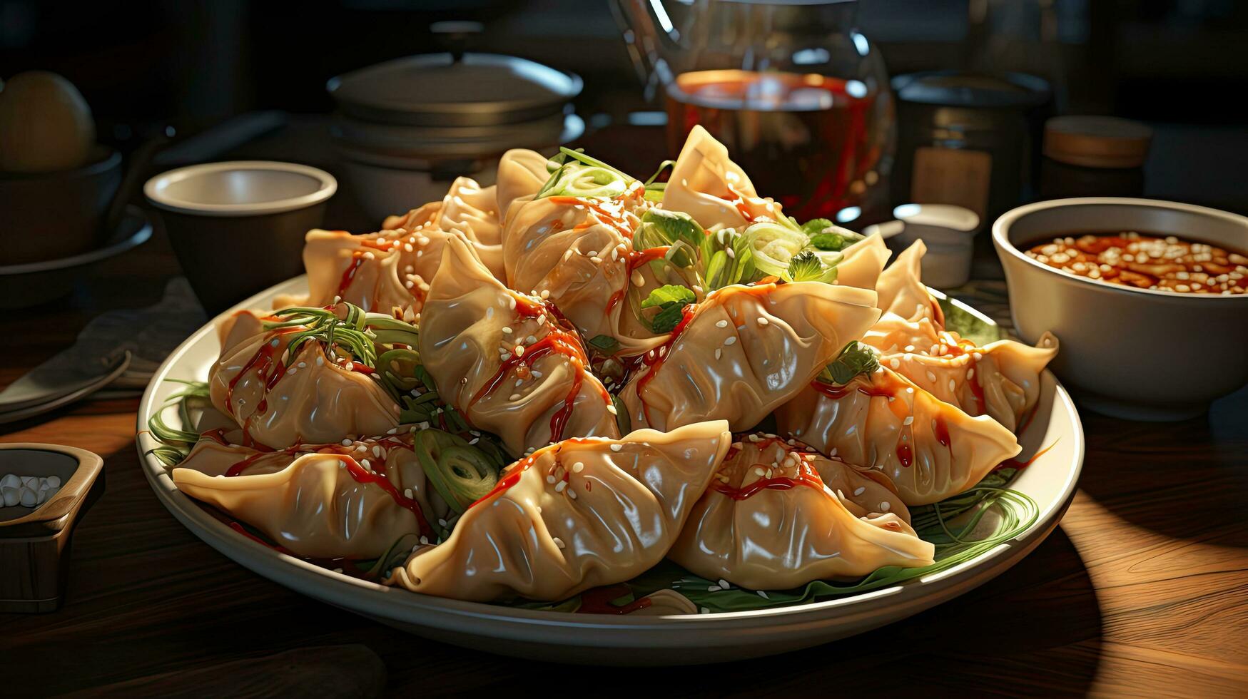 AI generated Korean dumplings Traditional Chinese Thai restaurant appetizer, fried wontons AI generated image photo