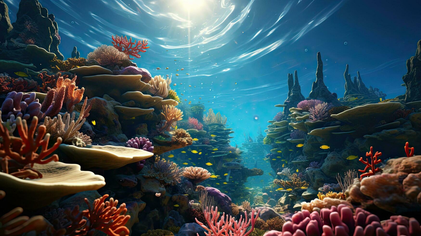 AI generated View from under the water to the sea with the underwater world AI generated image photo