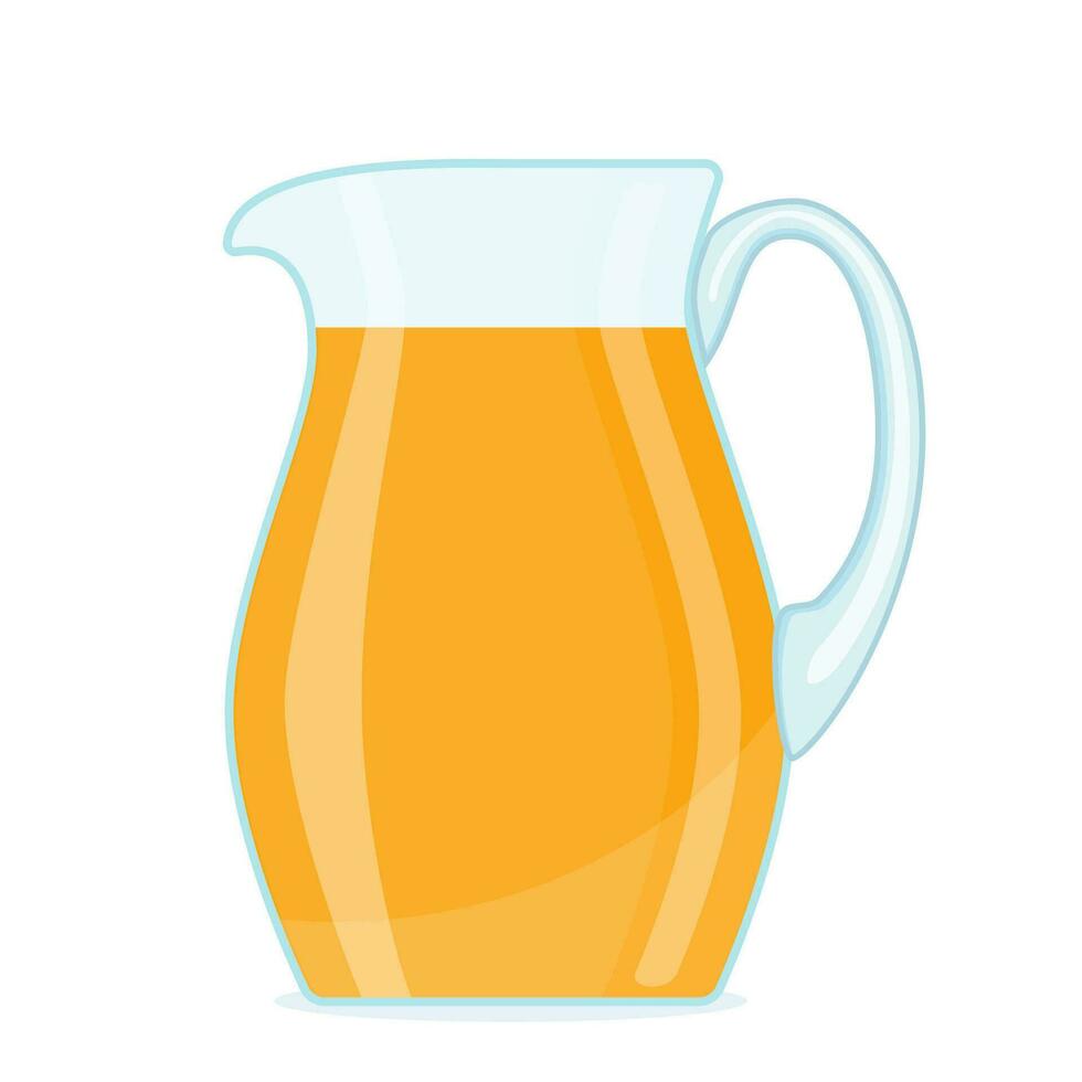 orange juice in transparent glass jar. Cartoon jug isolated on white background. Organic product in carafe. Summer healthy drink. Vector illustration in flat style