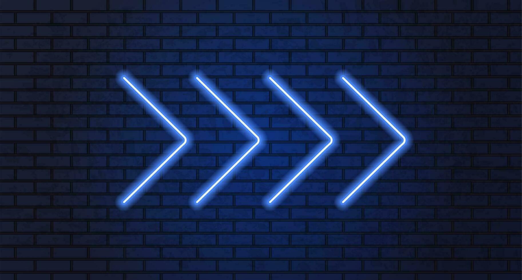 Neon arrow lamp wall sign. Glowing neon arrow pointer on brick wall background. Retro signboard with bright neon tubes. glowing bulb banner. Vector illustration.