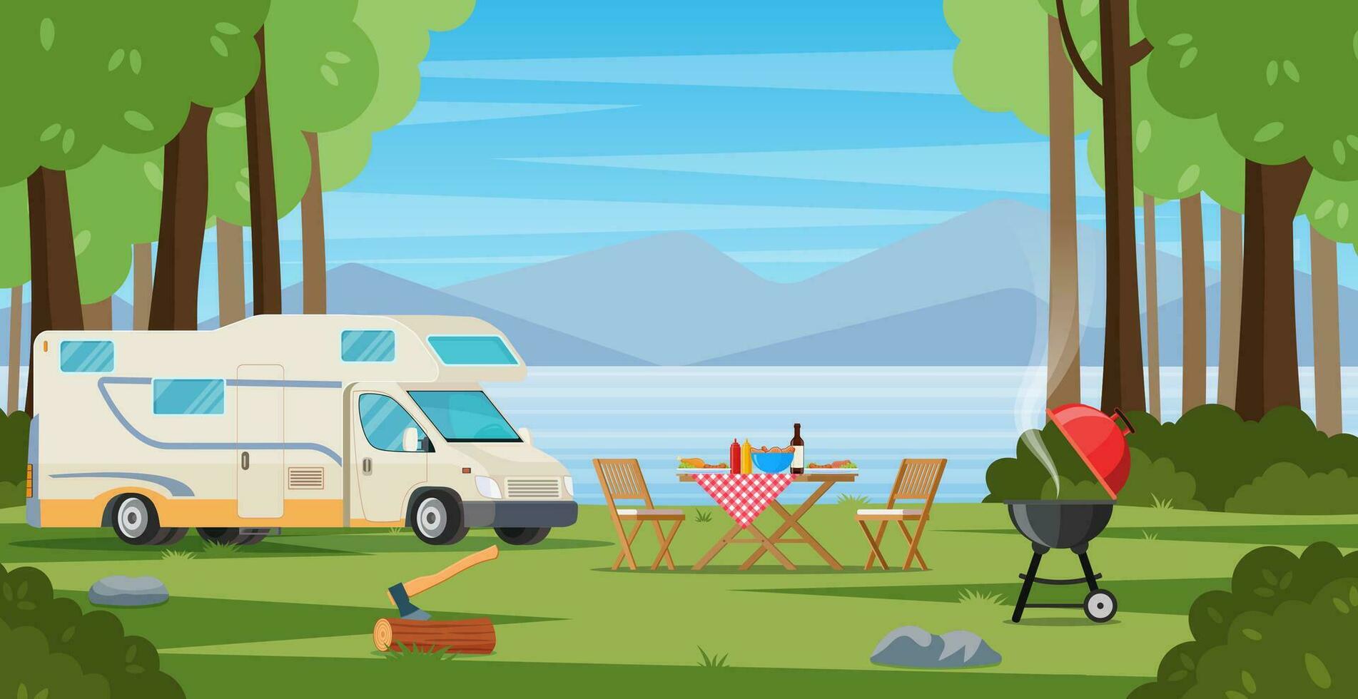 Camper with barbecue folding table deckchair. Summer camping. Outdoor nature adventure, active tourism in summertime background. vector