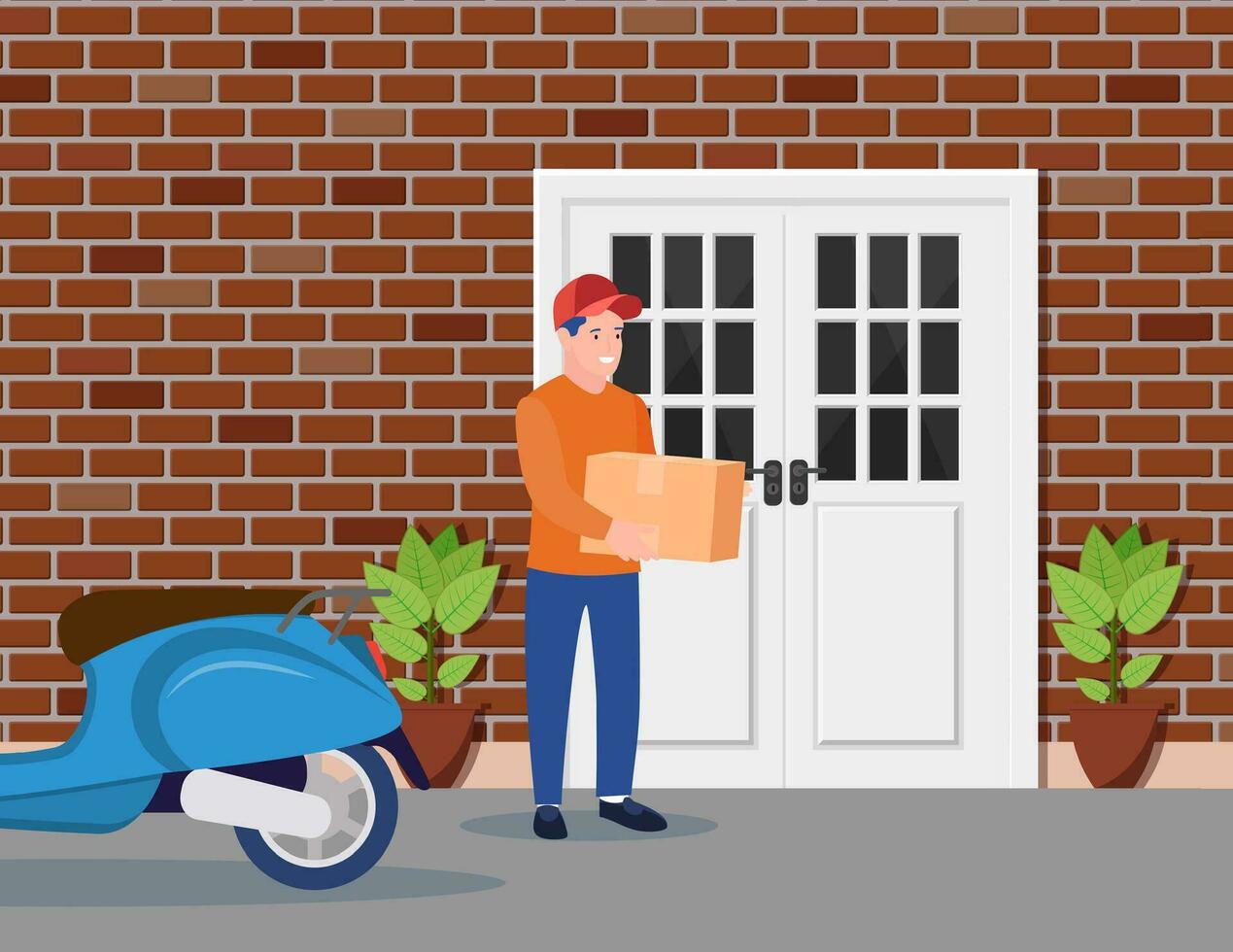 Man left cardboard boxes with goods near house facade. Courier character holds parcel. Carton delivery packaging closed box. Free and fast shipping. Vector illustration in flat style