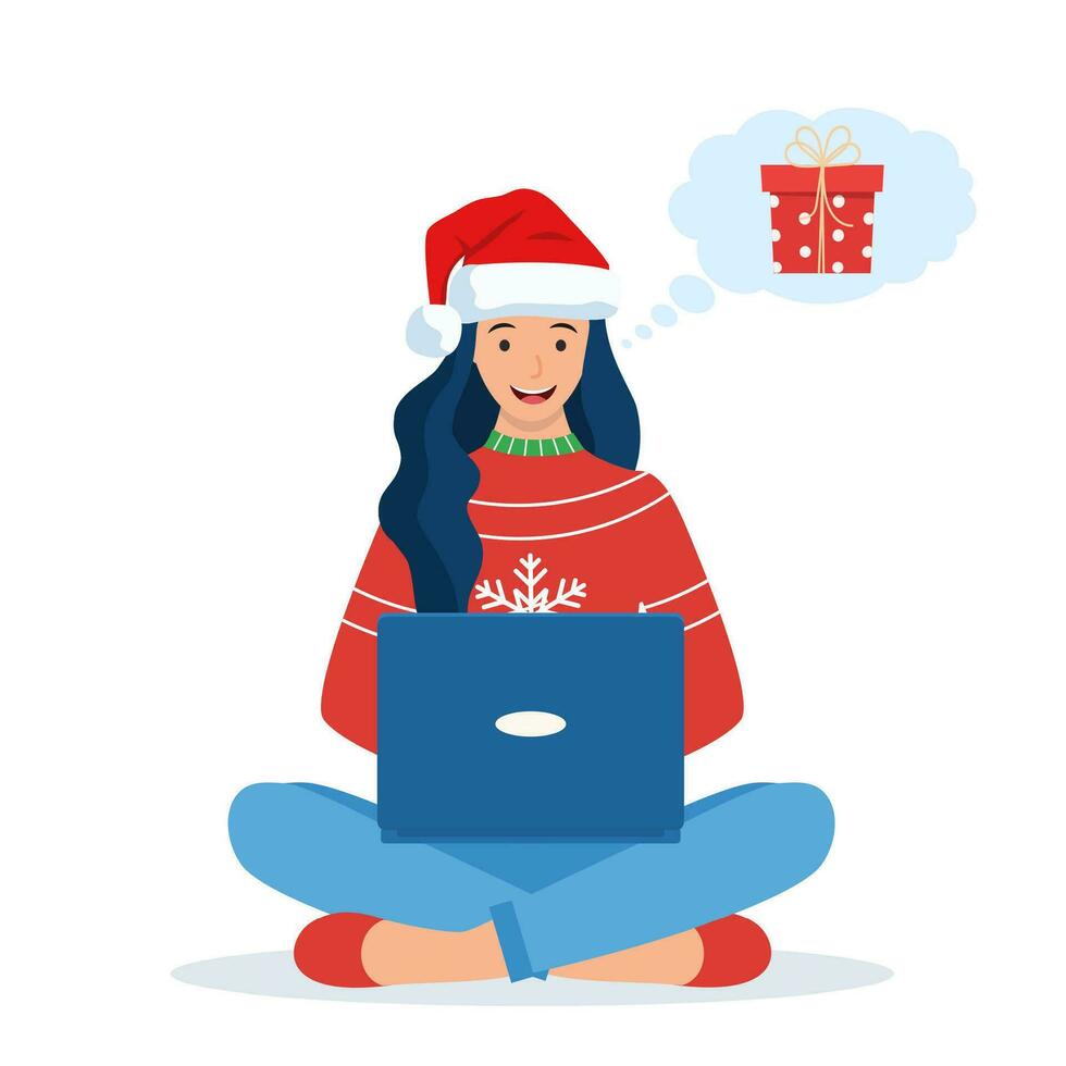 Woman wearing Santa Claus hat sitting on the floor choosing Christmas gifts with laptop. Online sale. Preparing to Christmas holidays. Vector illustration in flat style