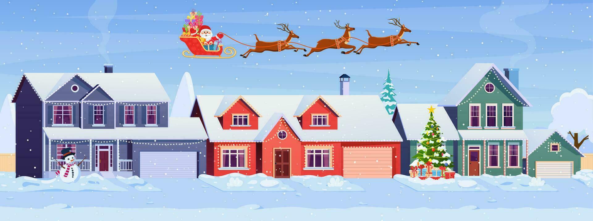 residencial casas con Navidad decoración a día. dibujos animados invierno paisaje calle con nieve en techos y fiesta guirnaldas, Navidad árbol, muñeco de nieve. Papa Noel claus con ciervos en cielo vector ilustración