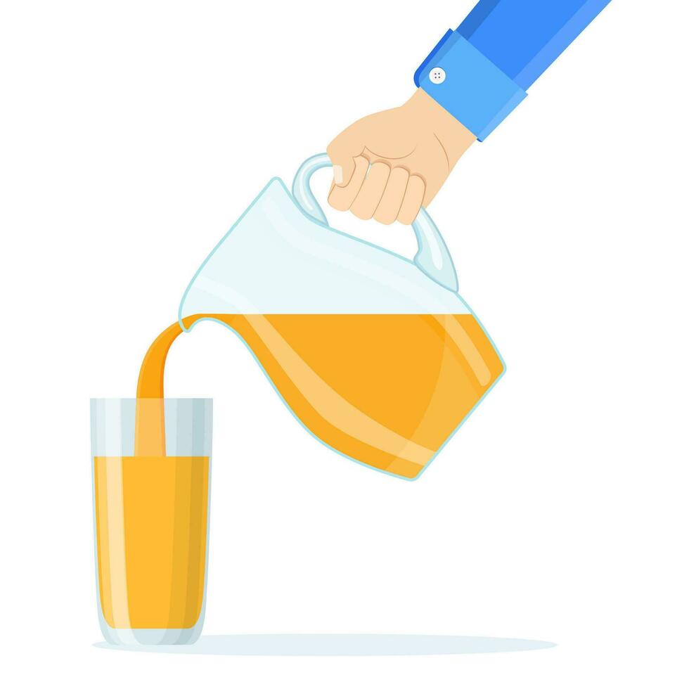 mano torrencial naranja Fruta jugo aislado en un blanco antecedentes. verter el naranja jugo dentro un vaso. vector ilustración en plano diseño.