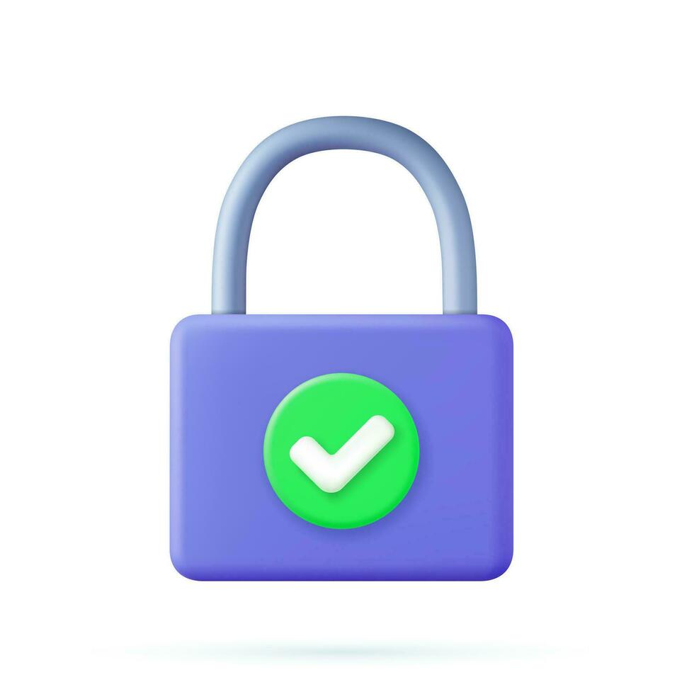 3d lock with check mark sign. Security, encryption, privacy Concept. 3d rendering. Security concept. Vector illustration