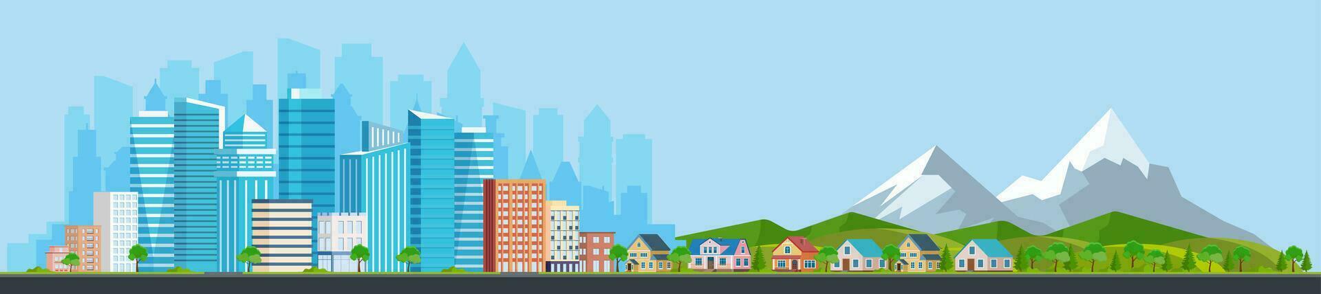 Landscape with buildings, mountains and hills. city concept and suburban life. City street, large modern buildings, skyscrapers and suburb with private houses. Vector illustration in flat style