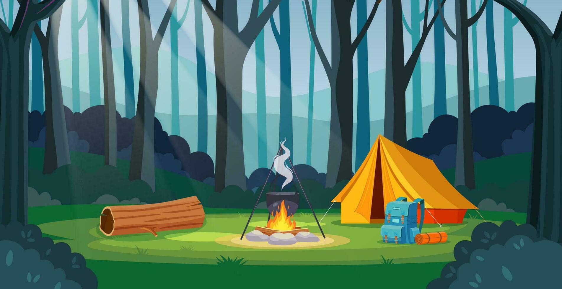 Summer camp in forest with bonfire, tent, backpack. cartoon landscape , forest and campsite. Equipment for travel. Vector illustration in flat style