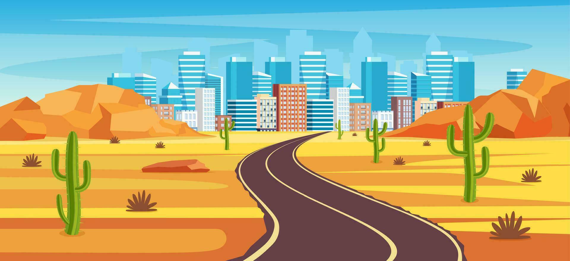 Empty highway road in desert leading to a big city. Sandy desert landscape with road, rocks and cactuses. highway in Arizona or Mexico hot sand. Vector illustration in flat style