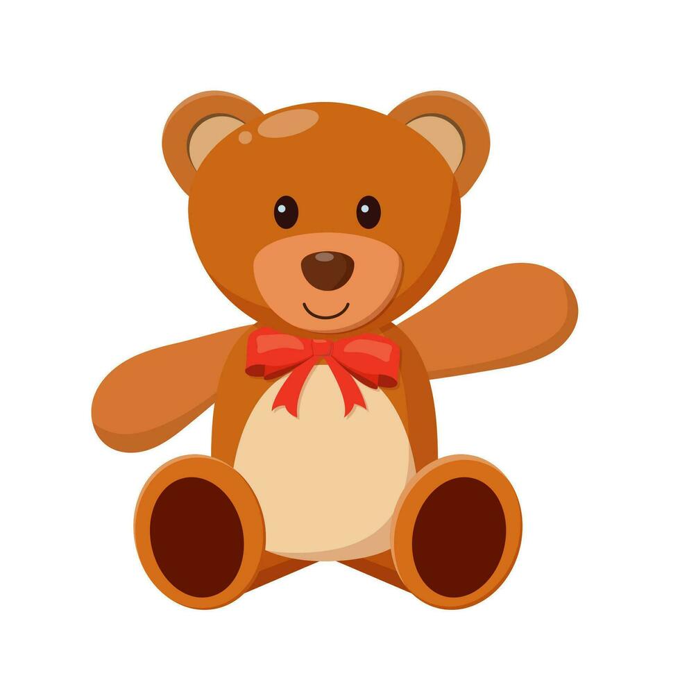 cartoon Teddy bear with red bow. Bear plush toy. Teddybear icon Isolated on white background. Vector illustration in flat style