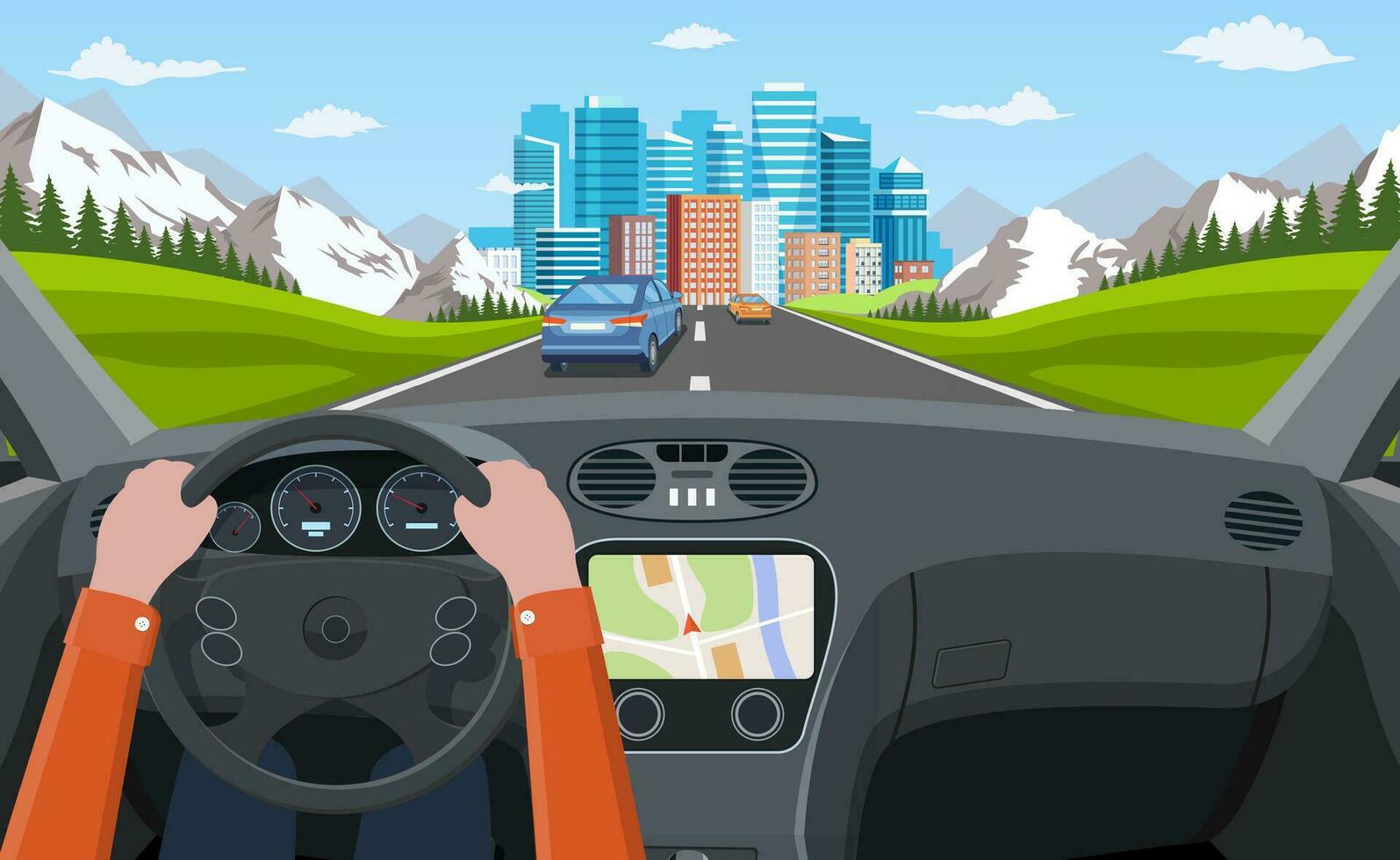 ver de el la carretera desde el coche interior. la carretera con carros.. manos en direccion rueda, dentro coche conductor. moderno grande rascacielos pueblo lejos lejos adelante. vector ilustración en plano estilo