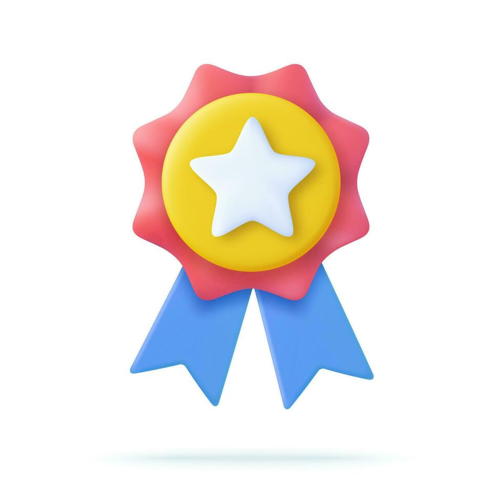 3d Winner medal with star and ribbon. Cartoon minimal style. Premium quality, quality guarantee symbol. 3d rendering Certificate Blank badge icon. Vector illustration