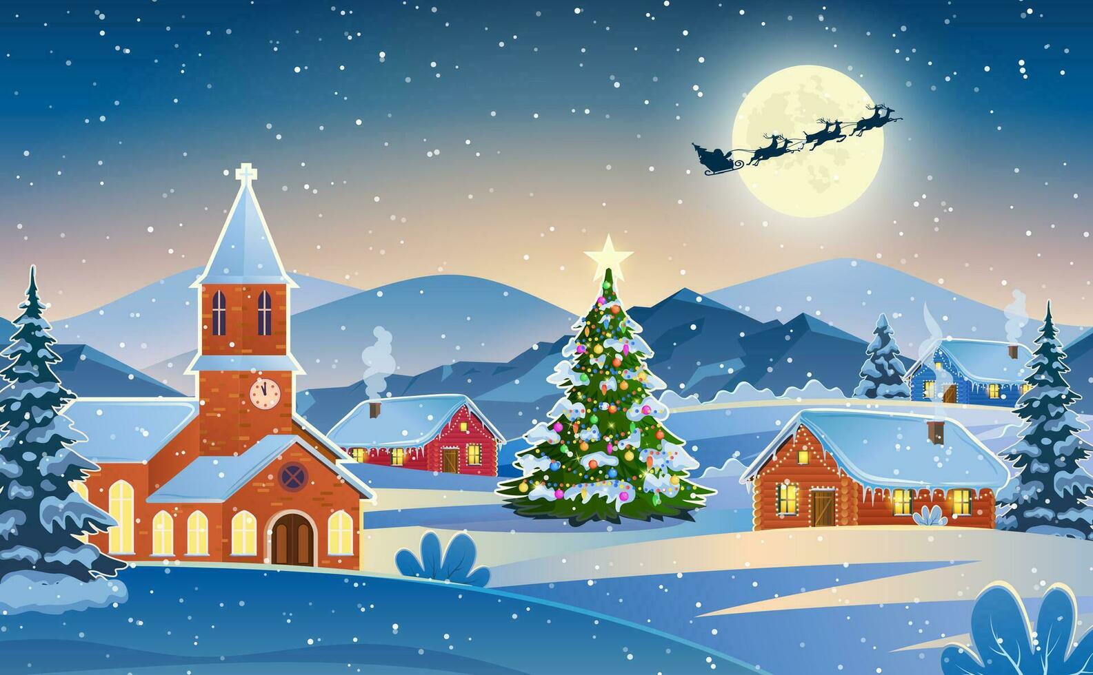 Winter snow landscape and houses with christmas tree. concept for greeting or postal card. background with moon and the silhouette of Santa Claus flying on a sleigh. vector illustration.