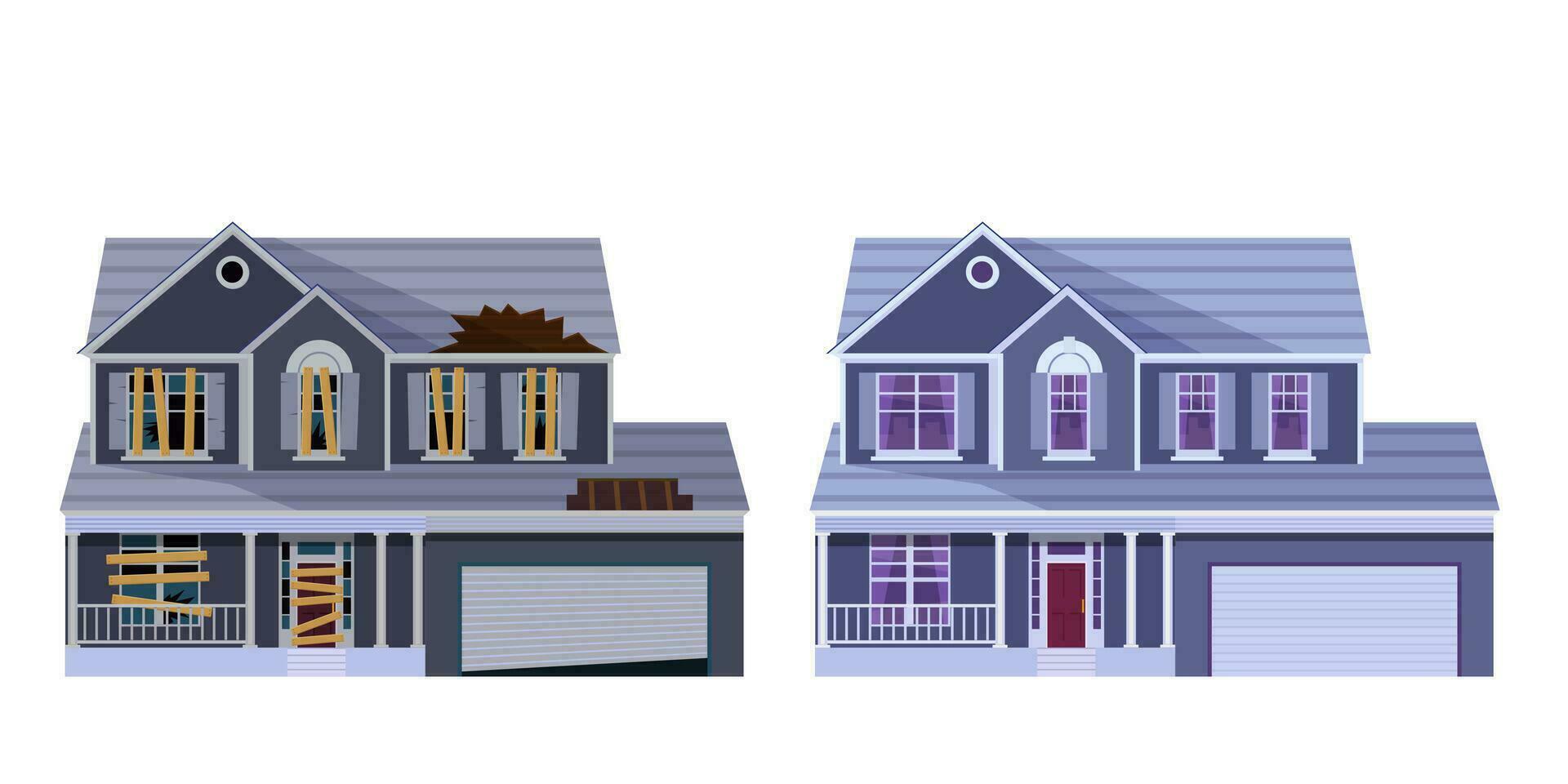 Abandoned house. Home renovation. House before and after repair. New and old suburban cottage. Vector illustration in a flat style