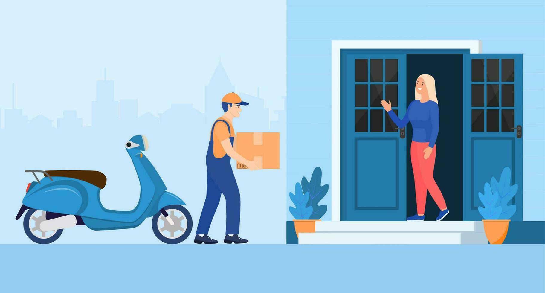 Man left cardboard boxes with goods near house facade. Courier character holds parcel. Carton delivery packaging closed box. Free and fast shipping. Vector illustration in flat style