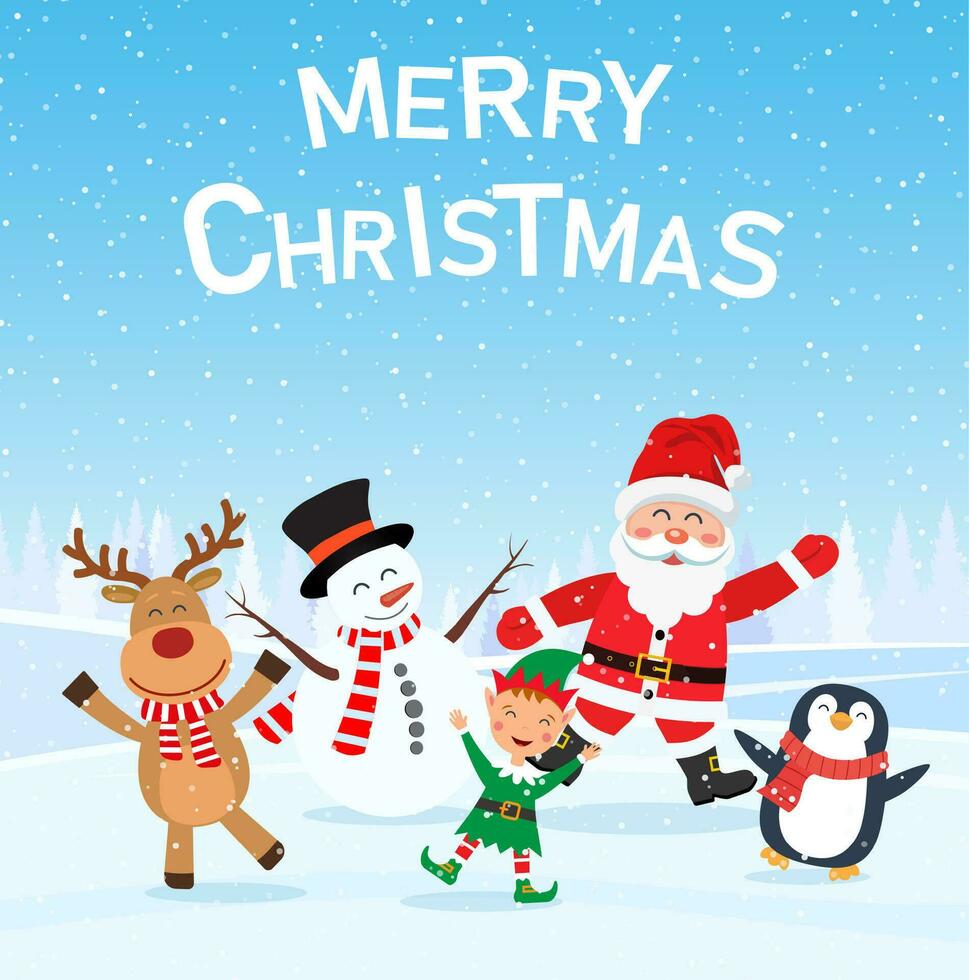 Merry Christmas and happy new year. Lets dance together with Santa. Christmas cad with Santa, deer, snowman, penguin. Vector illustration in flat style